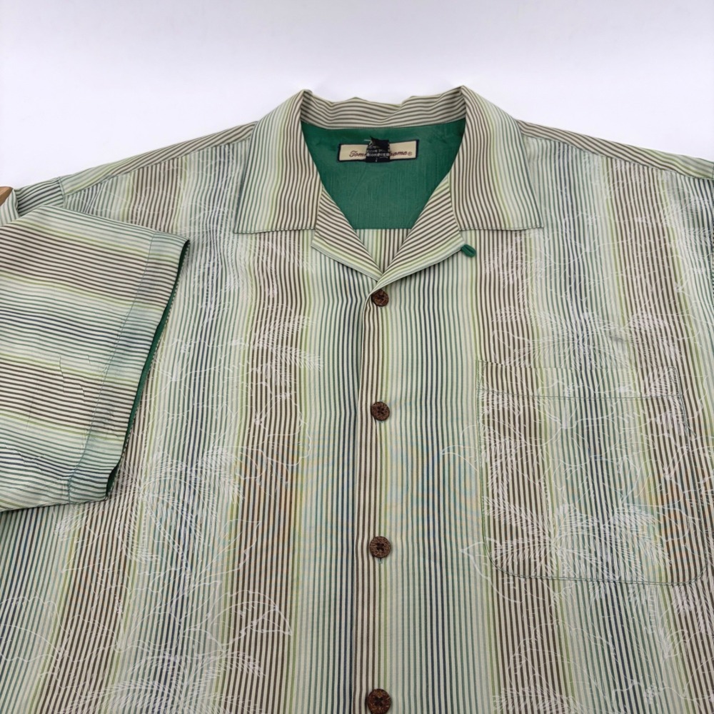 Tommy Bahama Relax Mens L Green Striped Palm Tree 100% SILK Button Front Shirt